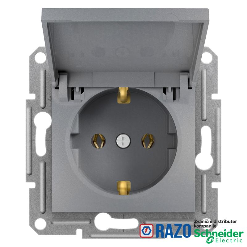 Asfora - jednostruka utičnica sa uzemlj. sa strane sa poklopcem, bez rama, čelik 