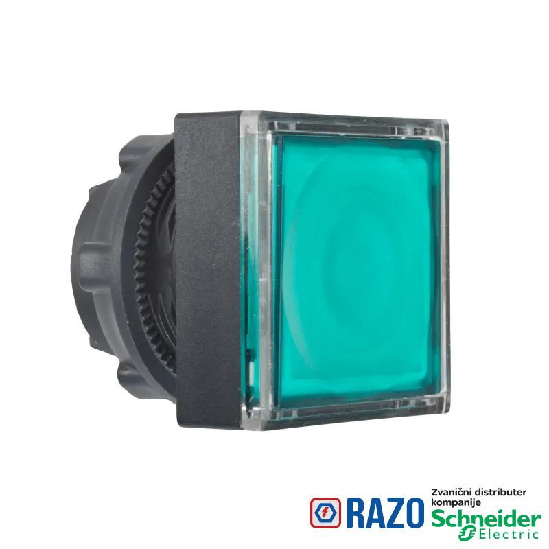 zelena kvadratna udubljena glava svetlećeg tastera Ø22 sa povratkom za integ.LED 